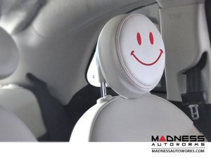 FIAT 500 Headrest Cover Set - Black Italy - Front - Ivory - Red Happy Face Design